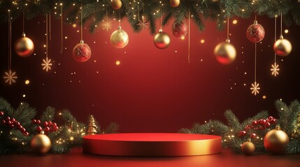 Festive Holiday Background with Red Display Platform and Ornamentation