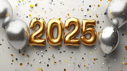 A festive arrangement featuring golden balloons displaying "2025," surrounded by silver balloons and confetti, perfect for new year celebrations.