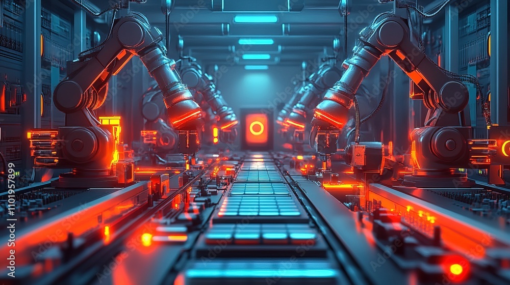 Poster factory production line with robotic arms assembling products