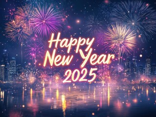 A vibrant New Year celebration scene featuring fireworks and the text "Happy New Year 2025," set against a city skyline at night.