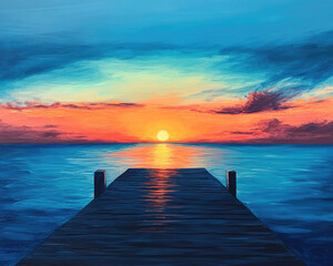 Obraz premium A peaceful tropical sunset with a deep blue and gold hue, offering a serene and breathtaking end to the day