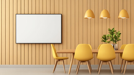 modern dining room featuring wooden table and yellow chairs against warm wooden wall. space is bright and inviting, perfect for gatherings