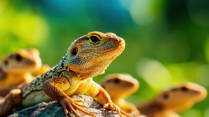 Fototapeta premium animals reptiles migration Concept. A vibrant close-up of a lizard basking on a rock, surrounded by blurred, shadowy figures of other lizards, showcasing its textured skin and bright colors.