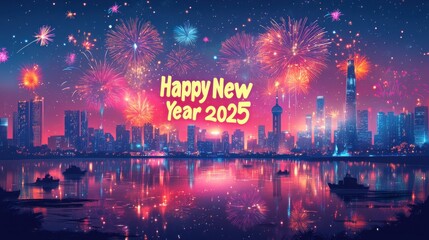 A vibrant city skyline celebrates New Year 2025 with colorful fireworks and cheerful text, reflecting joy and new beginnings.