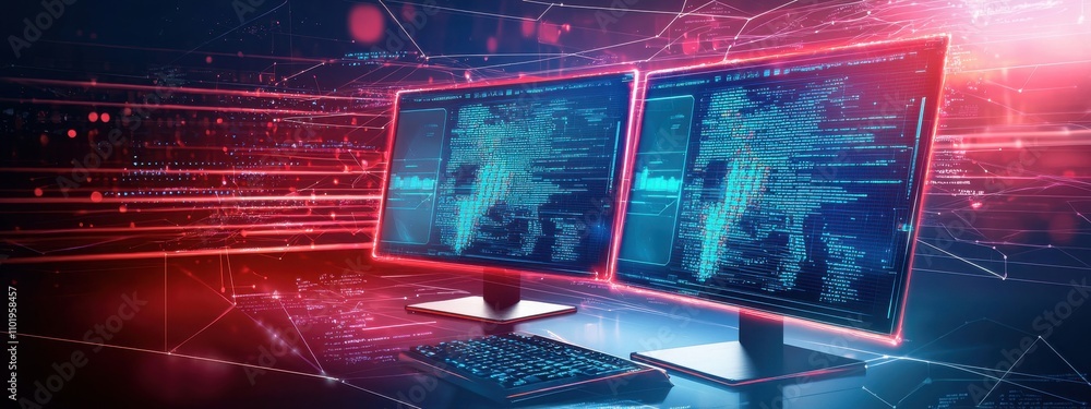 Poster two computer monitors with a red background