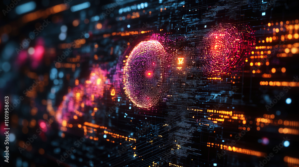 Poster visual representation of digital spheres among vibrant streams of data in a futuristic tech landscap