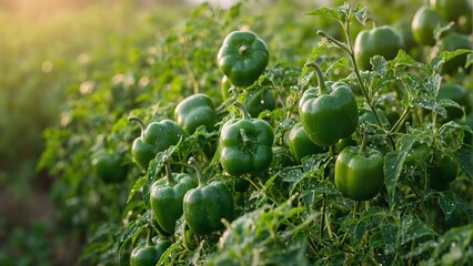 Fresh green bell peppers with dew in morning light amid lush foliage