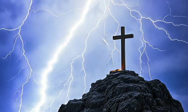 Cross on a Hilltop During a Dramatic Lightning Storm