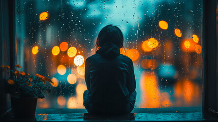 Child in hoodie gazing out rainy window at night, reflecting on city lights