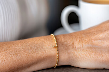 A close-up of a minimalist, gold permanent bracelet delicately welded onto a wrist with a blurred urban caffe background