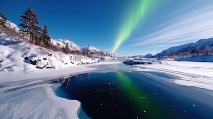 A stunning aurora borealis lights up the frozen snowy landscape below, painting the sky with vibrant hues that mesmerize and inspire a sense of cosmic wonder and awe.