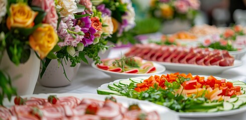 A beautifully decorated dining table with fresh vegetables, cold cuts and fruit plates at a function or wedding reception