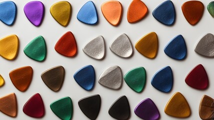 "Set of guitar picks in various colors, isolated on white background."

