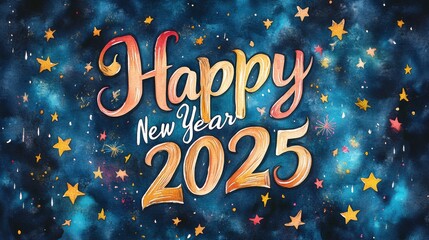 A vibrant New Year greeting for 2025, featuring colorful text, stars, and a cosmic background that conveys festive joy and celebration.