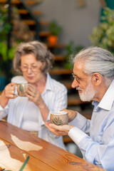 close up home happy old age an elderly couple pleasant memories leisure in old age a couple sitting at the table drinking tea discussing the news caring in old age pouring tea into cups