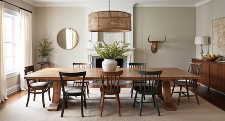 Soft casual dining rooms with large wooden tables mismatched chairs and neutral colors