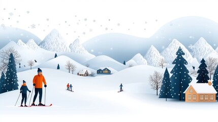 Serene snowy winter landscape with skiers and snowboarders gliding down the slopes surrounded by majestic snow capped mountains and a cozy cabin nestled in the evergreen forest