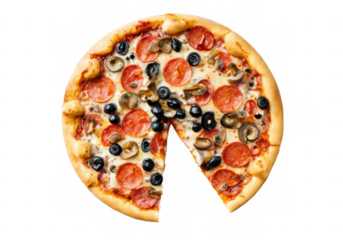 Large pizza with golden brown crust, pepperoni, mushrooms, olives, cheese toppings and missing slices against transparent background.