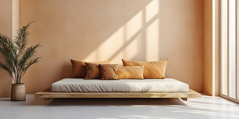 Fototapeta premium Cozy Minimalist Beige Boho Bedroom with Copy Space for Mockups