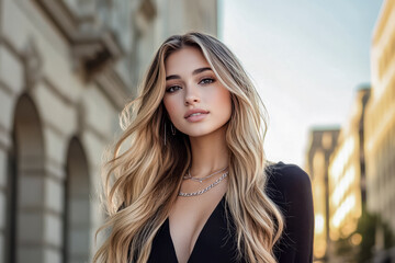 Obraz premium Elegant woman with long blonde hair and black outfit posing outdoors in a cityscape at sunset.