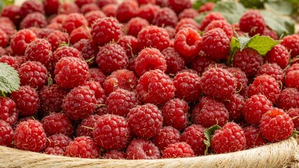 Freshly picked ripe raspberries in a wooden basket