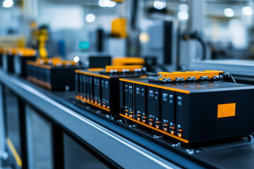 An array of lithium iron phosphate batteries in a high-tech manufacturing facility.