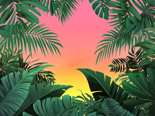 Lush green and sunset pink tropical sunset, ideal for a serene and colorful evening by the beach