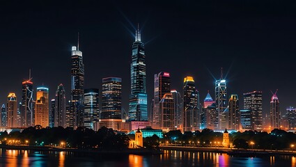 Obraz premium Nighttime Skyline of Modern City with Illuminated Buildings