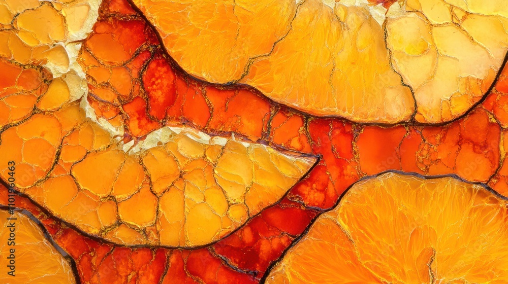 Poster abstract image of orange and yellow slices resembling citrus fruits with intricate patterns.