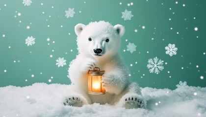 Fototapeta premium A baby polar bear playfully surrounded by snowflakes captures the essence of holiday cheer in a cute animal in Christmas scene.