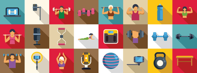 Fitness blogger icons set. Fitness icons represent online workout programs, healthy lifestyle, gym equipment, and personal training