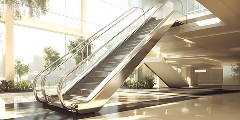 Fototapeta premium A modern escalator in a bright, spacious interior with greenery and natural light.