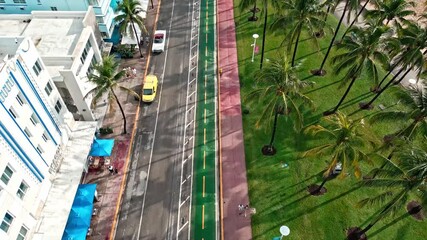 Miami, Florida, USA - October 04, 2024: Miami South Beach in Ocean Drive Florida. Aerial view on Miami beach, USA. Landscape aerial view. Travel to Florida in summer. Ocean drive avenue