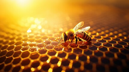 Golden honeycomb and bee wallpaper, detailed hexagonal patterns and honey glow