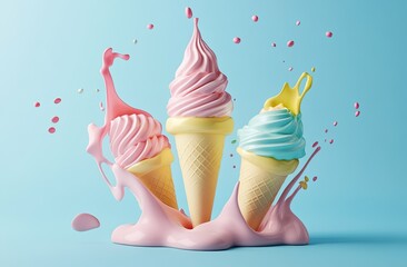 3D ice cream with colorful swirls and sprinkles melting over the cone, isolated on a light blue background.