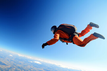 Skydiver performing a mid-air flip, surrounded by clear blue sky, the ground far below, adrenaline and freedom in every motion.