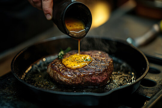 A chef pouring melted beef tallow into a sizzling cast-iron skillet, with steaks and roasted vegetables nearby