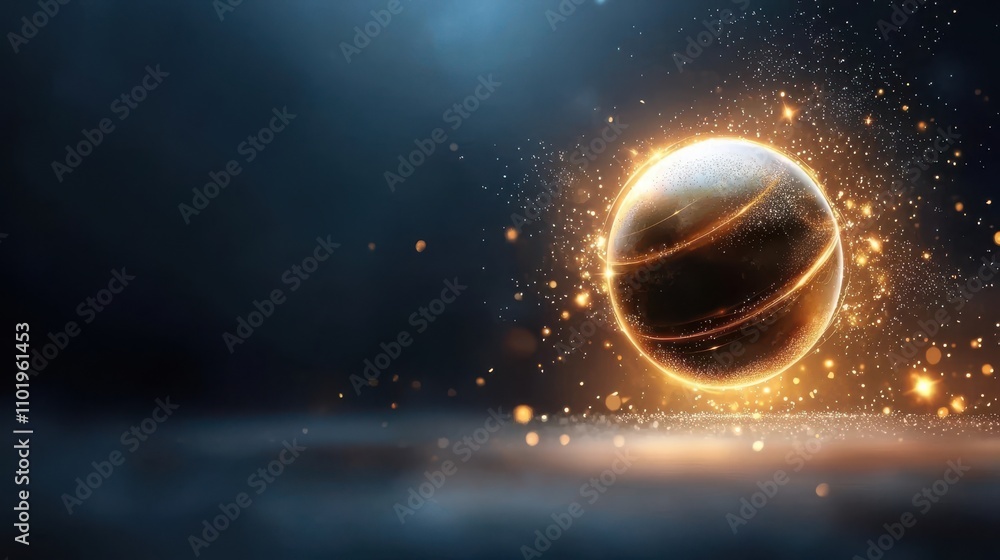 Poster glowing celestial sphere orbiting with energy trails in a dynamic cosmic landscape filled with abstr