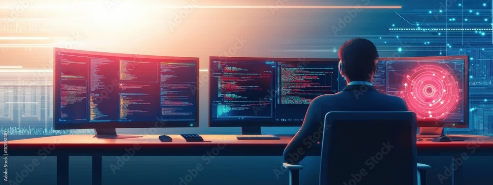 Poster a man is sitting in front of a computer with three monitors