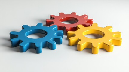 Interconnected 3D cartoon gears in blue, yellow, and red, creating a fun design on white