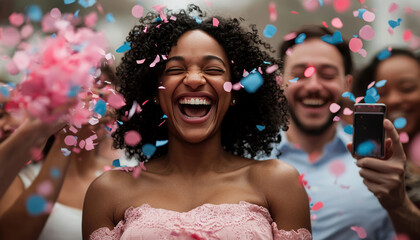Gender Reveal Confetti Happiness Concept. A joyful woman laughs surrounded by friends, celebrating amidst colorful confetti in a vibrant atmosphere.
