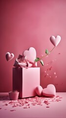 Pink gift box with heart decorations and petals.