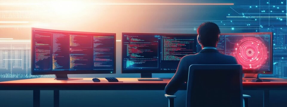 A man is sitting in front of a computer with three monitors