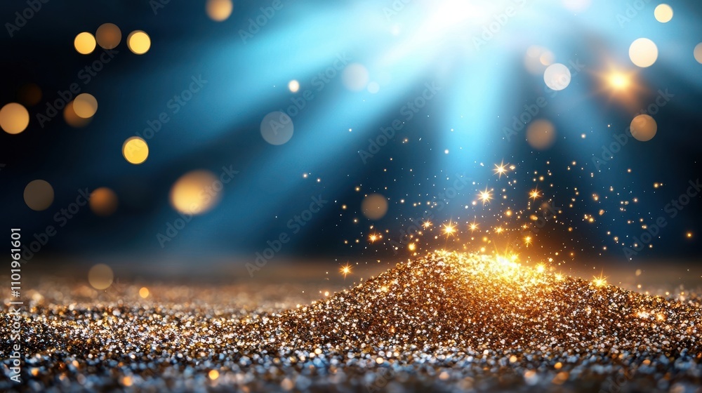 Poster vibrant glittering golden sparkles and shimmering light effects on a dark blue background creating a