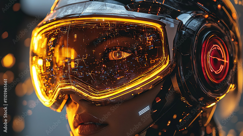 Aufkleber futuristic character in high-tech helmet with glowing visor exploring a digital landscape at night. 