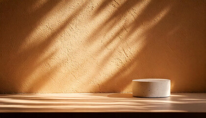 Natural stone podium for beauty and spa cosmetic brand display on brown background wall with plant shadow. Luxury granite material neutral aesthetic interior scene for product placement.