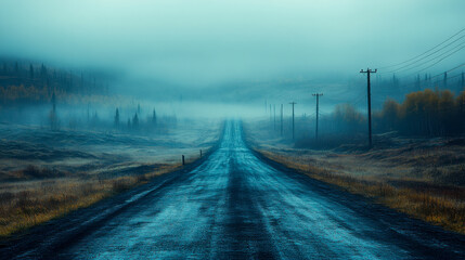 Misty deserted country road surrounded by fog and power lines at dawn