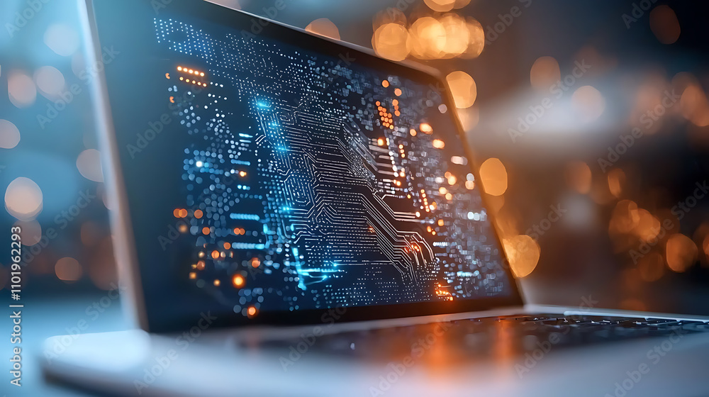 Poster ai cybersecurity breach monitoring in futuristic environment laptop with neon lights and digital int