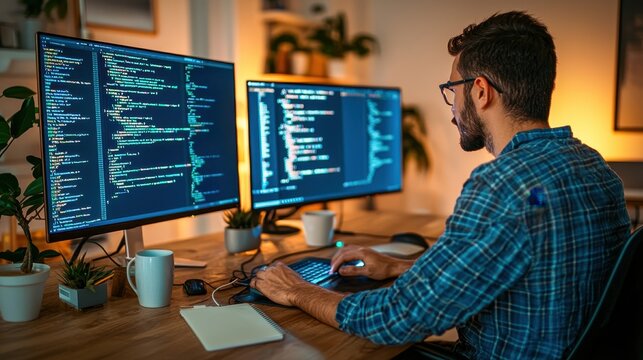 Focused programmer working on dual monitors, coding in a modern workspace with plants.