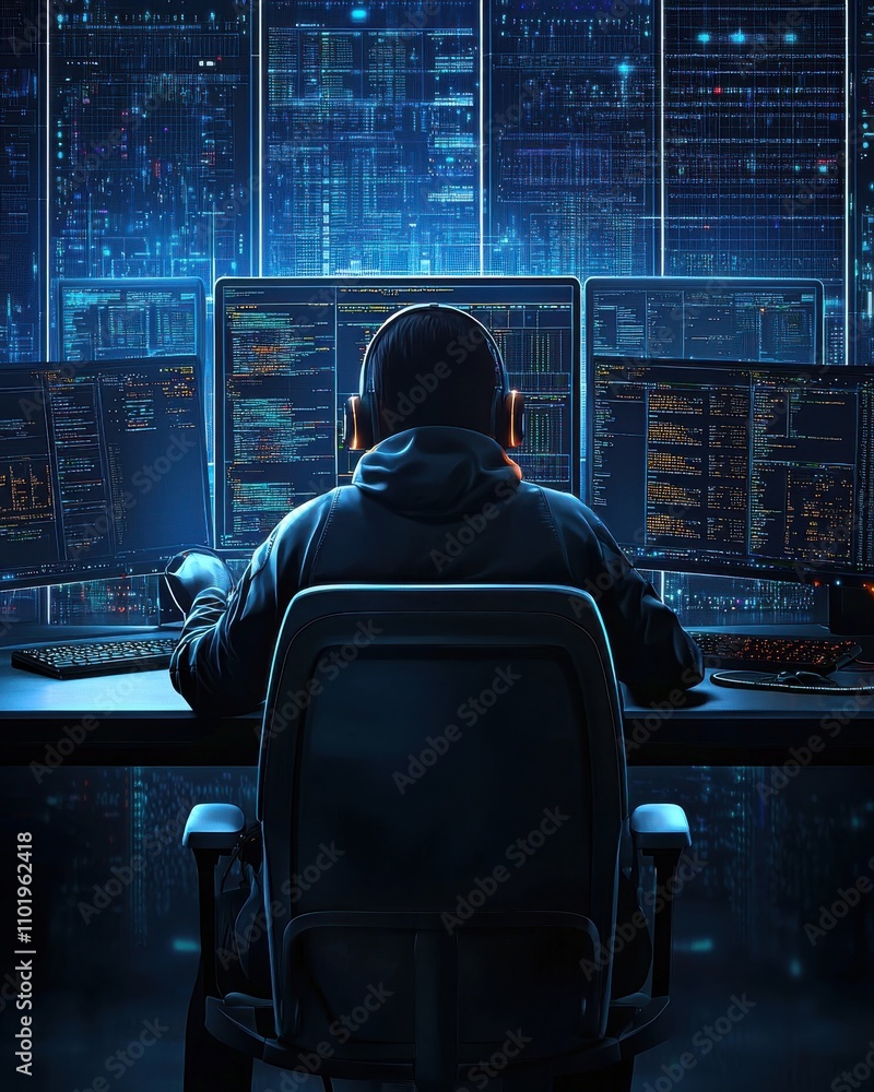Poster a man is sitting in front of a computer with a keyboard and a mouse